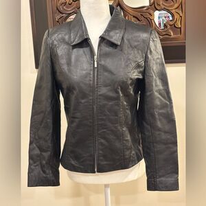 Rosleen Women's Full Zip Long Sleeve Collared Moto Leather Jacket Black Medium